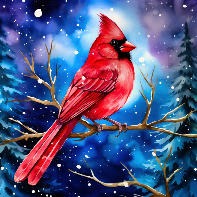 Red cardinal bird on a branch with a snowy night sky and trees in the background fabric panel