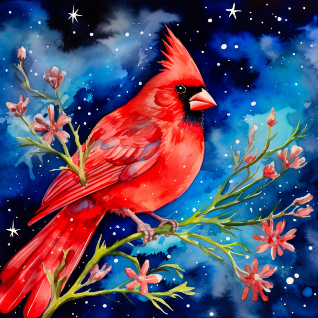 Red cardinal bird on a branch with pink flowers fabric panel