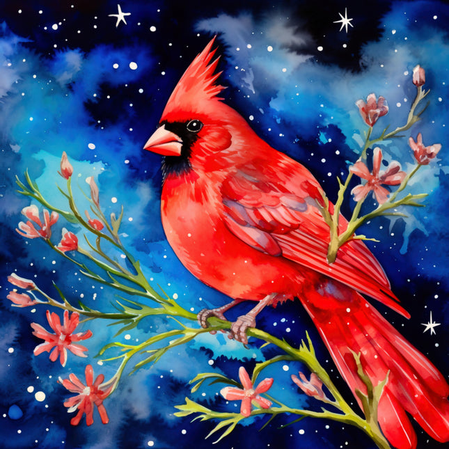Red cardinal bird on a branch with flowers against a starry night sky quilt panel