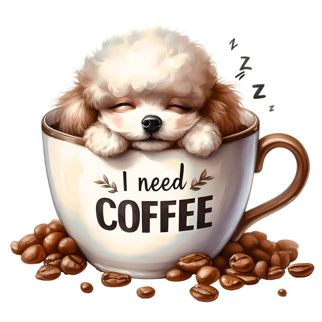 I Need Coffee Puppy Dog in Cup 100% Cotton Fabric Panel Block BB114