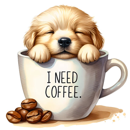 I Need Coffee Puppy Dog in Cup 100% Cotton Fabric Panel Block BB115