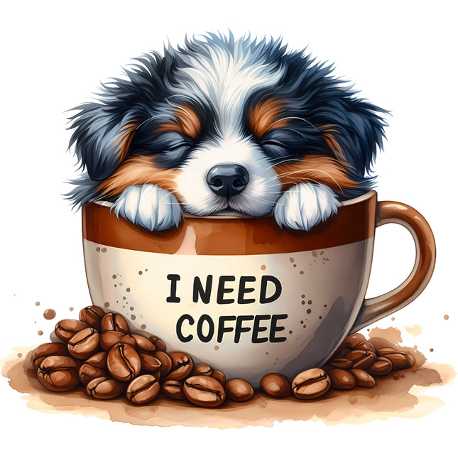 I Need Coffee Puppy Dog in Cup 100% Cotton Fabric Panel Block BB116