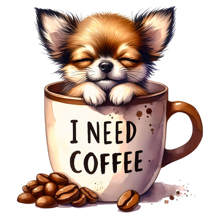 I Need Coffee Puppy Dog in Cup 100% Cotton Fabric Panel Block BB118