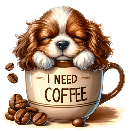 I Need Coffee Puppy Dog in Cup 100% Cotton Fabric Panel Block BB120