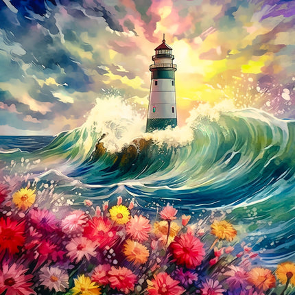 lighthouse surrounded by flowers and crashing waves fabric panel
