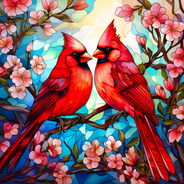 Two red cardinals on a branch with pink flowers and a stained glass background fabric panel