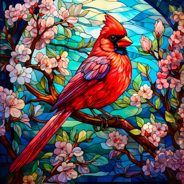 Colorful stained glass artwork of a red cardinal bird on a branch with flowers fabric panel
