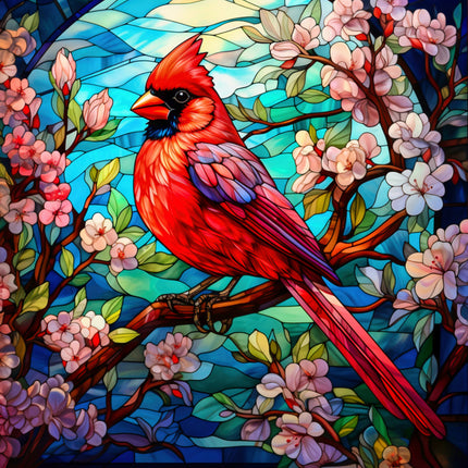 Colorful stained glass-style artwork of a red cardinal bird on a branch with flowers quilt block