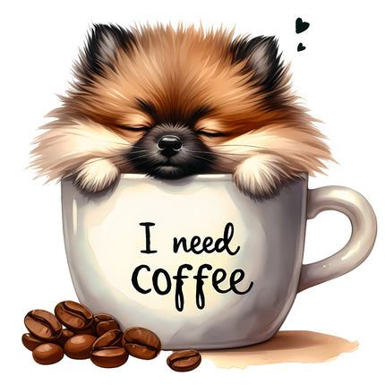 I Need Coffee Puppy Dog in Cup 100% Cotton Fabric Panel Block BB121