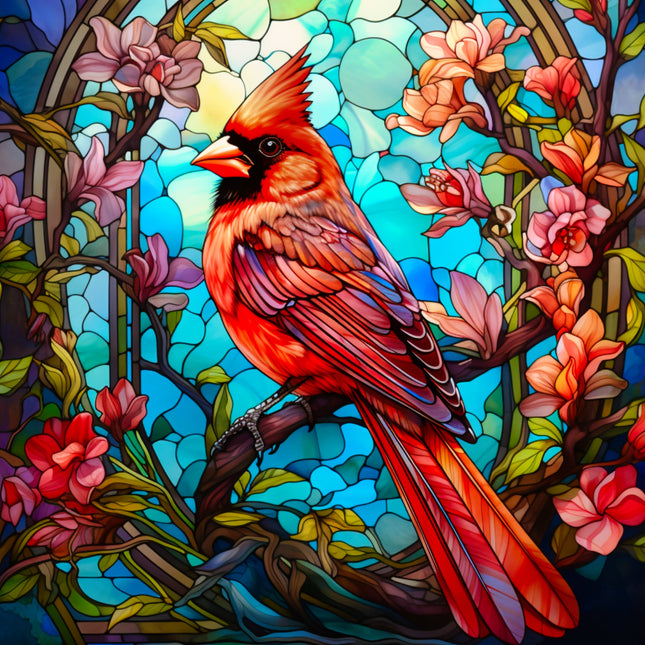 Colorful stained glass-style artwork of a red cardinal bird with flowers fabric panel