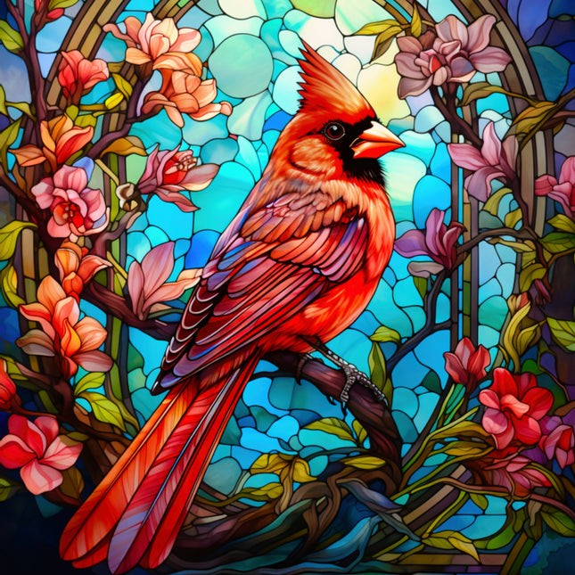 Colorful stained glass artwork of a red cardinal bird with flowers quilt block