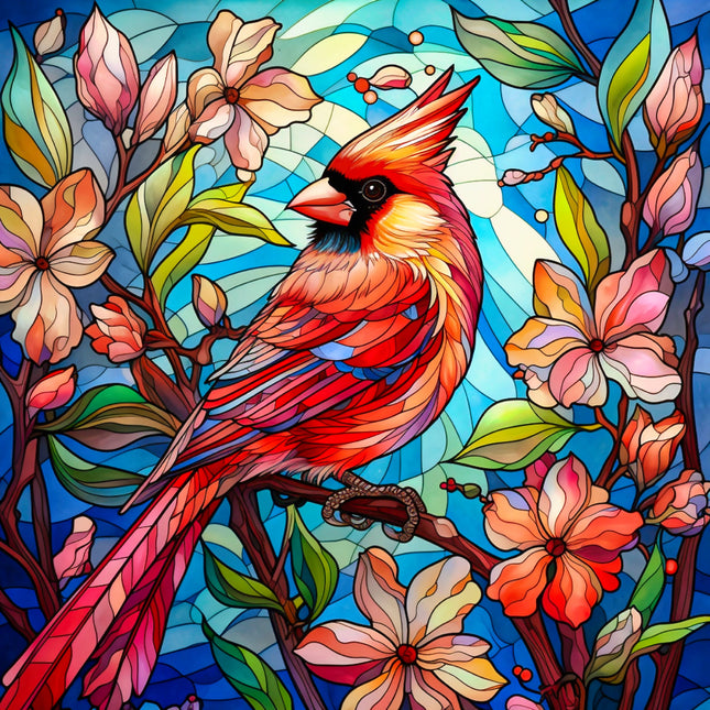 Colorful stained glass-style illustration of a red cardinal bird fabric panel