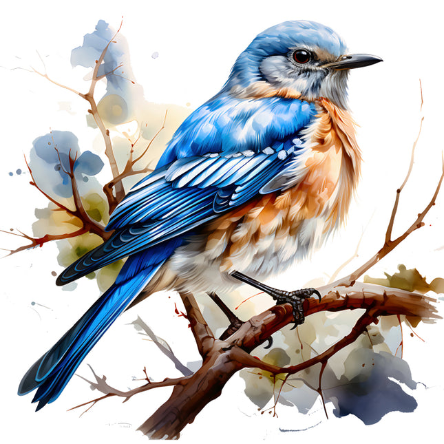 Blue bird perched on a branch quilt panel