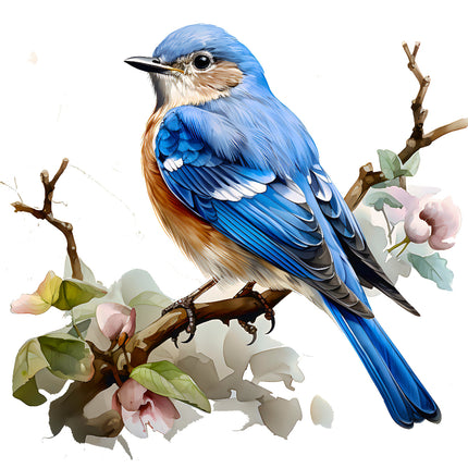 Blue bird perched on a branch with pink flowers and green leaves fabric panel
