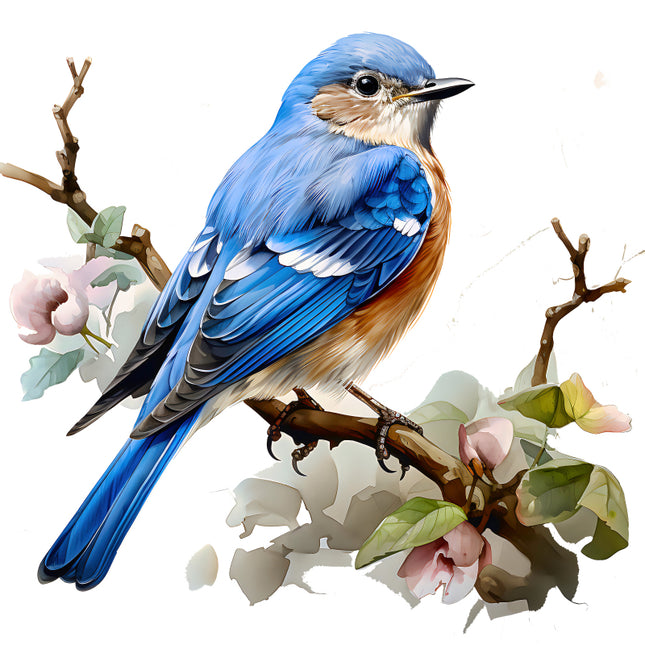 Blue bird perched on a branch quilt panel