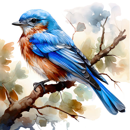 Blue bird perched on a branch quilt panel