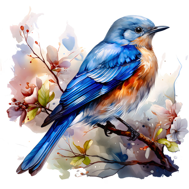 Blue bird perched on a branch quilt panel