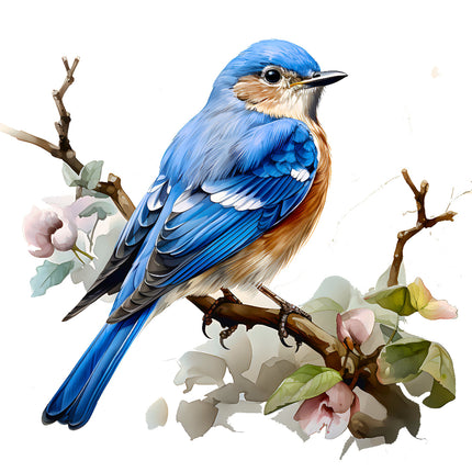 Blue bird perched on a branch with flowers and leaves fabric panel