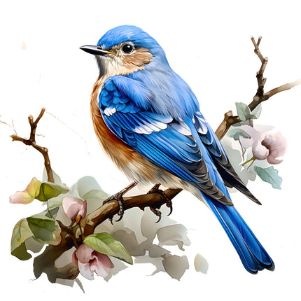 Blue bird perched on a branch quilt panel