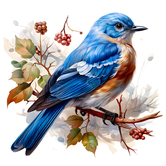Blue bird perched on a branch with leaves and berries fabric panel