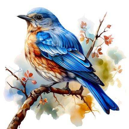 Blue bird perched on a branch quilt panel