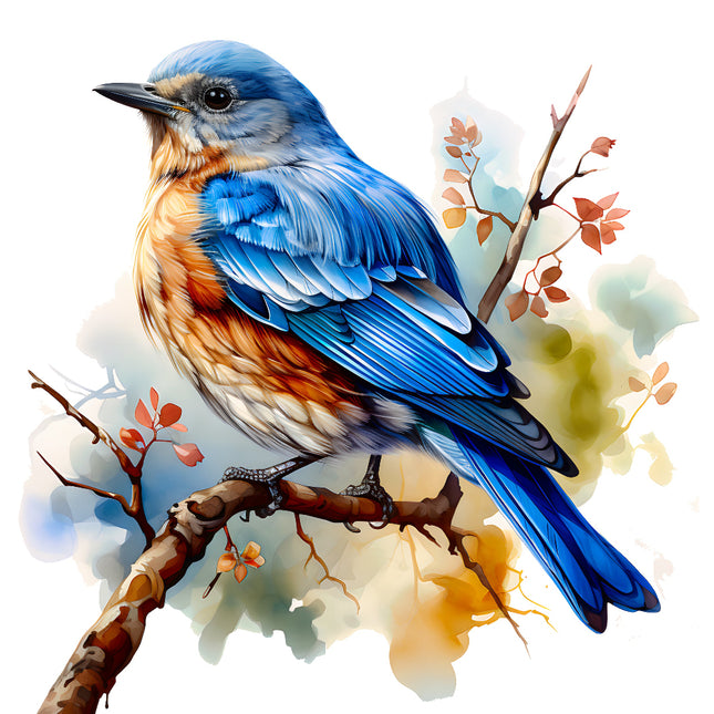 Blue bird perched on a branch quilt panel