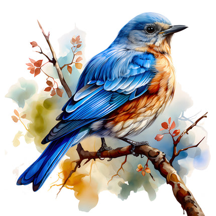 Blue bird perched on a branch quilt panel