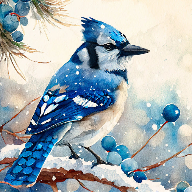 Blue jay bird on a branch with berries and snow in the background quilt block