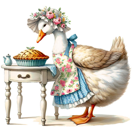 goose in a dress with a pie on a table fabric panel