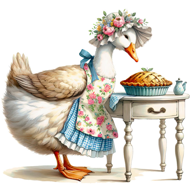 Illustration of a goose in a dress with a pie quilt panel
