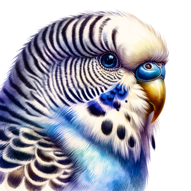 Close-up of a colorful parakeet with blue and white feathers fabric panel