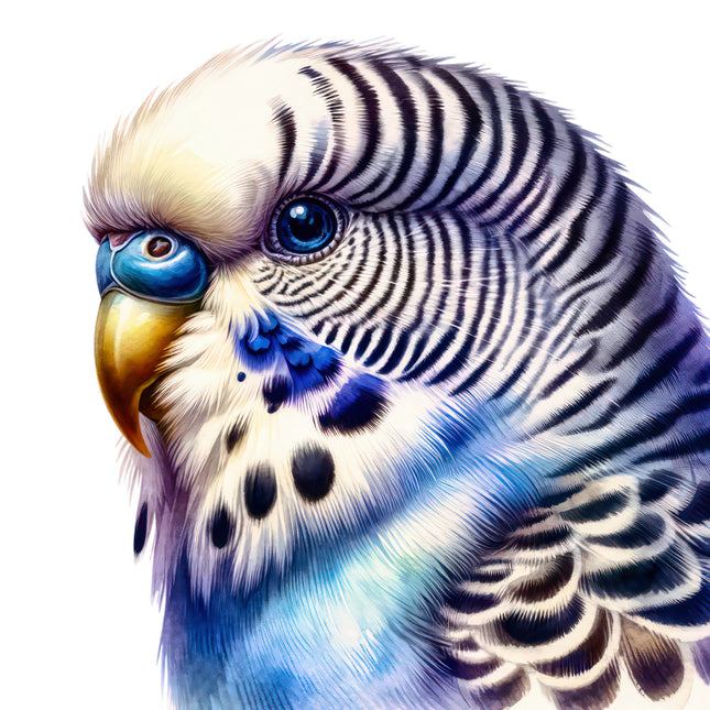 Close-up of a colorful parakeet with blue eyes and striped feathers fabric panel