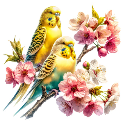 Two colorful parakeets perched on a branch with pink flowers quilt block
