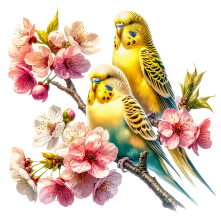 Two colorful parakeets perched on a branch quilt panel