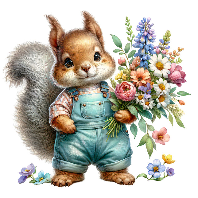 Illustration of a squirrel in overalls holding flowers fabric panel