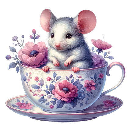 mouse in a floral teacup quilt block