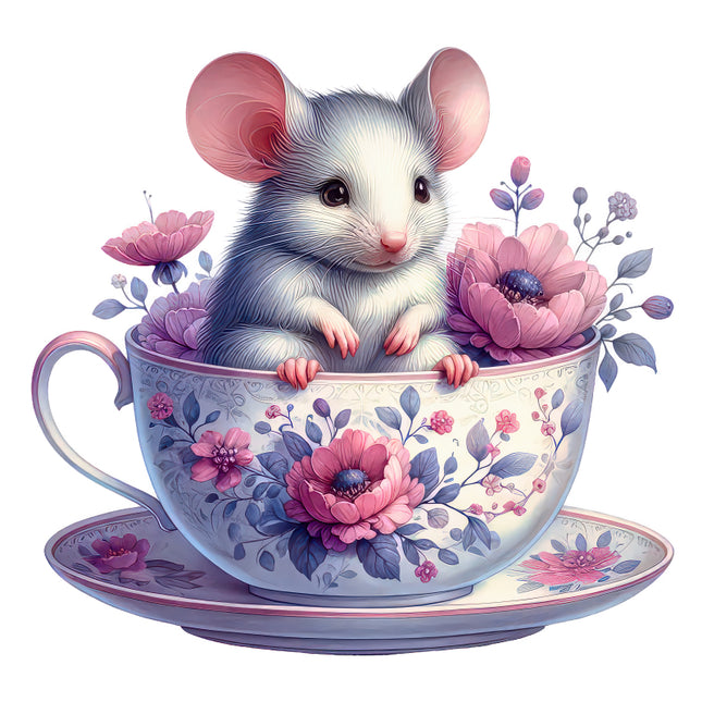 Illustration of a mouse in a floral teacup quilt panel