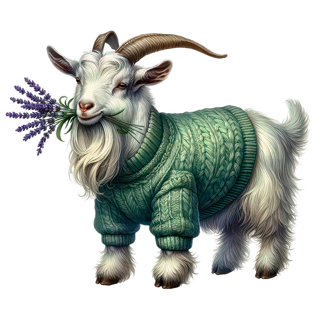 Goat wearing a green sweater fabric panel