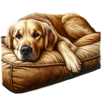 golden retriever lying on a brown cushion fabric panel