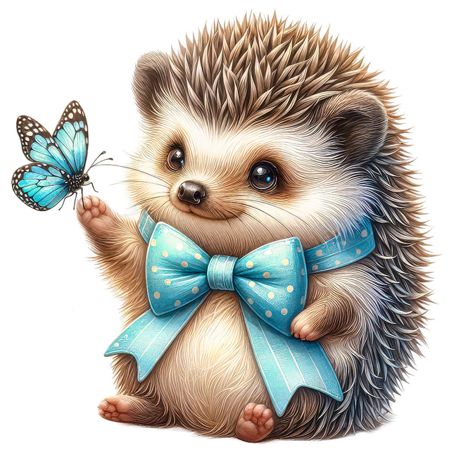 Illustration of a hedgehog wearing a blue bow tie with a butterfly fabric panel