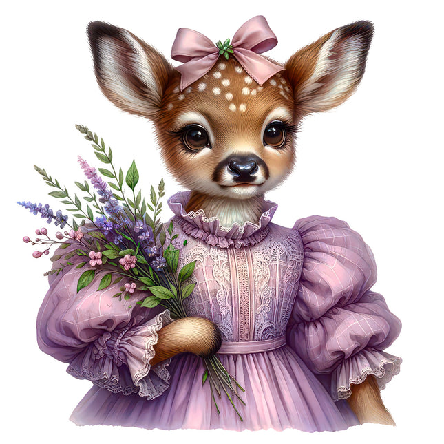 Deer in a purple dress holding flowers fabric panel