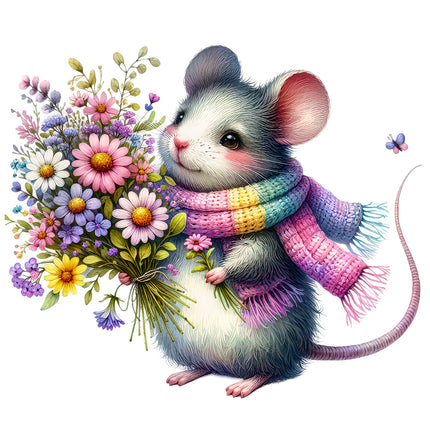 mouse wearing a colorful scarf with flowers on a white background fabric panel