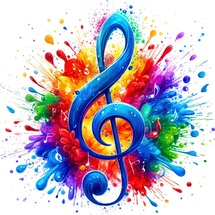 Colorful music symbol with splashes of paint fabric panel