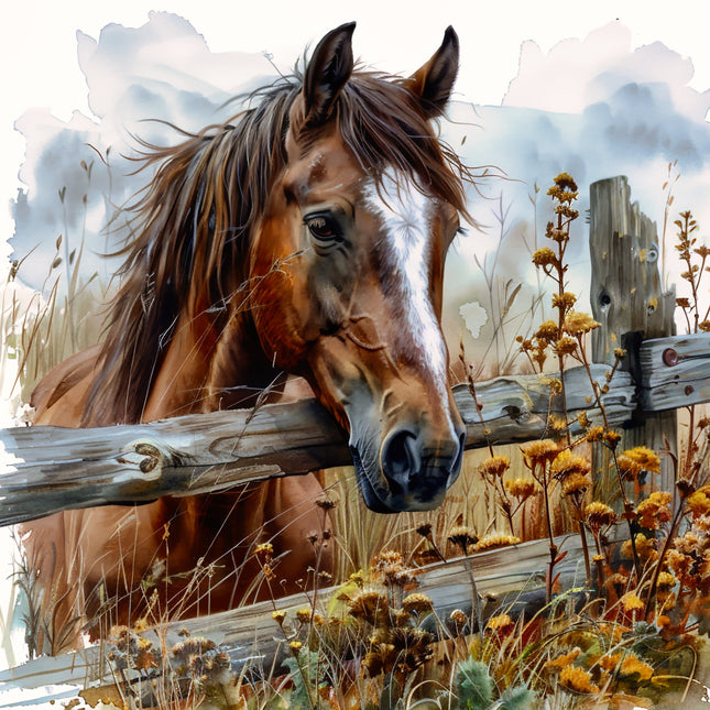 Horse peering over a wooden fence with a scenic background fabric panel