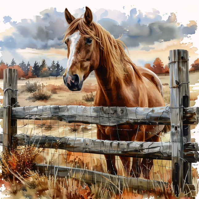 Brown horse standing behind a wooden fence with a scenic background fabric panel