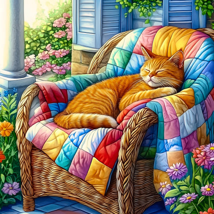 Cat sleeping on a colorful quilted chair in a garden setting fabric panel