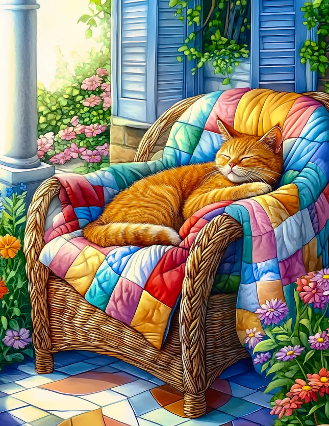 Cat sleeping on a colorful quilted chair in a garden setting fabric panel
