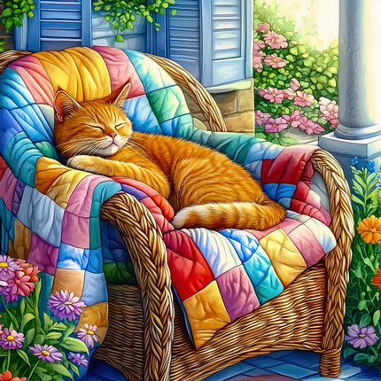 Cat sleeping on a colorful quilted chair in a garden setting fabric panel