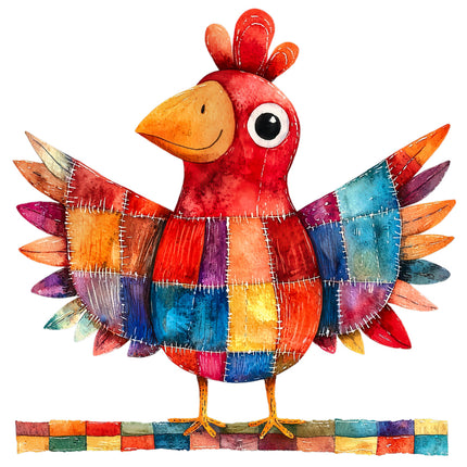 Colorful patchwork rooster fabric panel