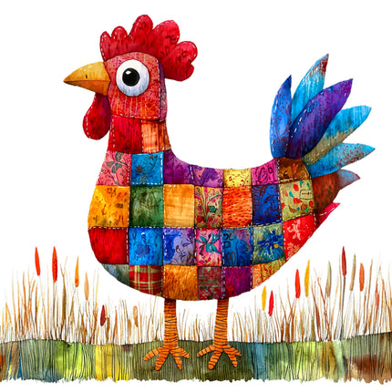 Colorful patchwork rooster with a grassy background fabric panel